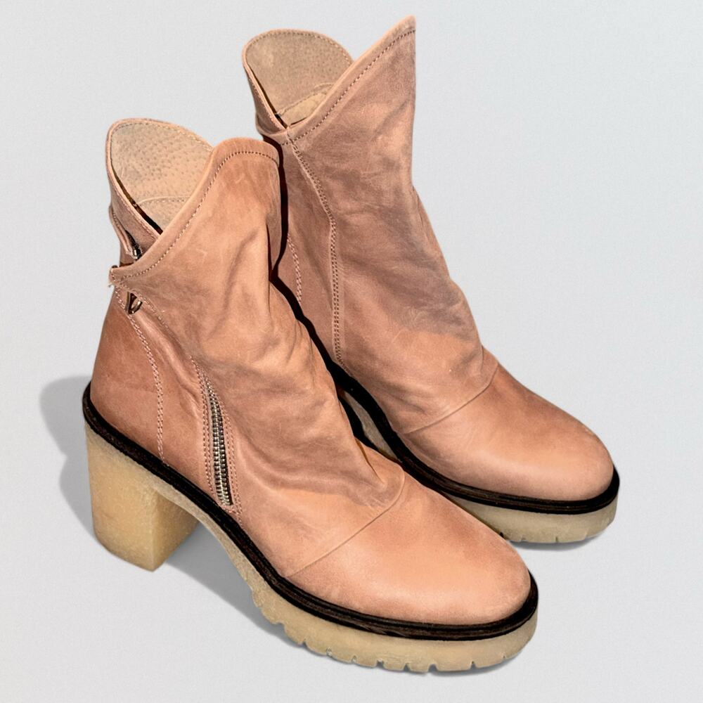 Free People Jack Zip Heel Ankle Boots Spiced Chai Tan Leather 39.5 Lug Sole